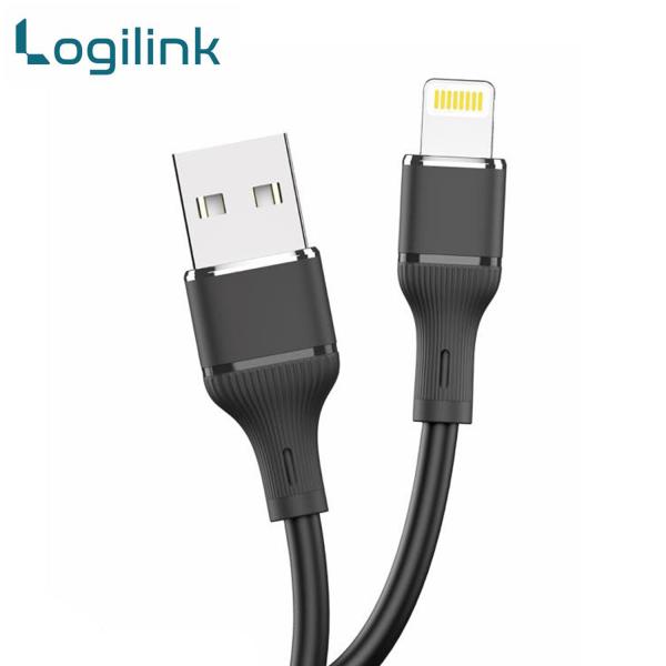 LogiLink 6A USB to Lightning 1-meter fast charging data cable displaying its ultra-flexible silicone outer jacket, standard USB 3.1 plug, and reinforced strain-relief Lightning connector tip