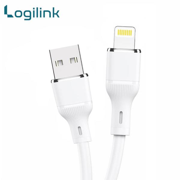 LogiLink 6A USB to Lightning 1-meter fast charging data cable displaying its ultra-flexible silicone outer jacket, standard USB 3.1 plug, and reinforced strain-relief Lightning connector tip