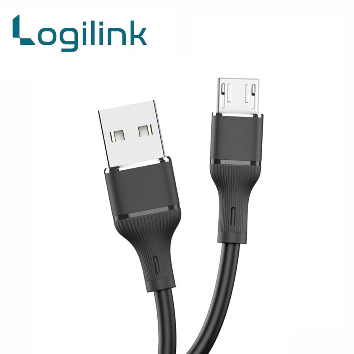 LogiLink USB to Micro USB 1-meter fast charging data cable displaying its ultra-flexible silicone smooth outer jacket, standard USB 3.1 plug, and reinforced strain-relief Micro USB connector tip