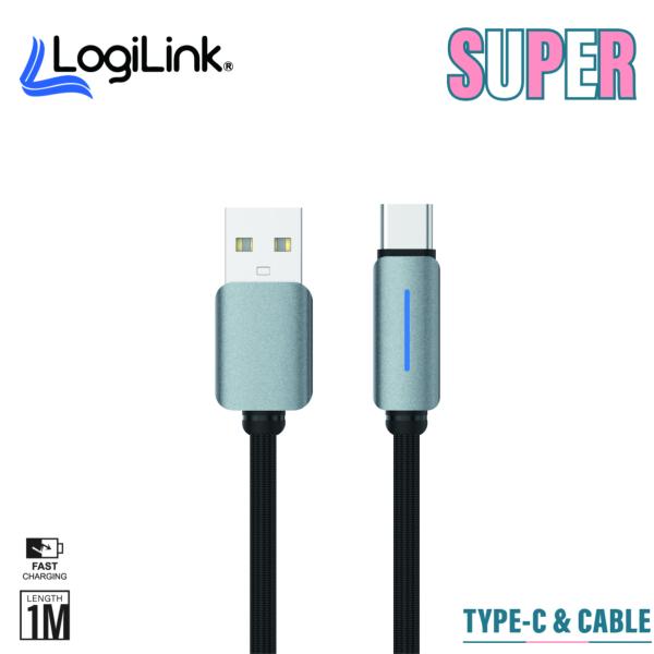 LogiLink USB to Type-C 1-meter fast charging data cable displaying its heavy-duty double-woven nylon braided exterior, standard USB 3.1 plug, and reinforced strain-relief Type-C connector tip