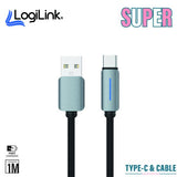LogiLink USB to Type-C 1-meter fast charging data cable displaying its heavy-duty double-woven nylon braided exterior, standard USB 3.1 plug, and reinforced strain-relief Type-C connector tip