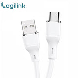 LogiLink USB to Type-C 1-meter fast charging data cable displaying its ultra-flexible silicone smooth outer jacket, standard USB 3.1 plug, and reinforced strain-relief Type-C connector tip
