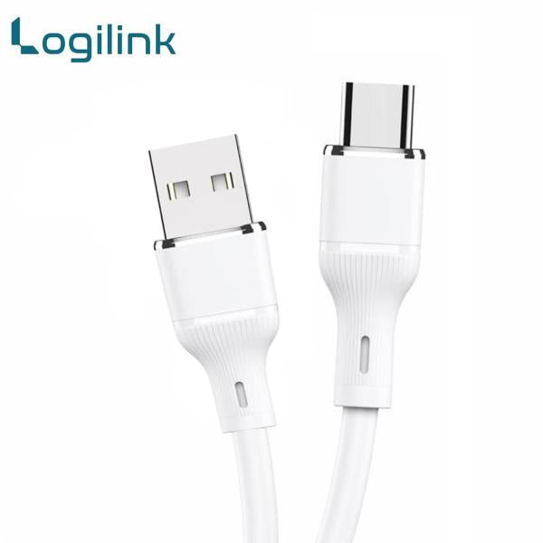 LogiLink USB to Type-C 1-meter fast charging data cable displaying its ultra-flexible silicone smooth outer jacket, standard USB 3.1 plug, and reinforced strain-relief Type-C connector tip
