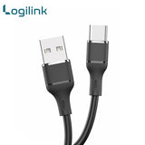 LogiLink USB to Type-C 1-meter fast charging data cable displaying its ultra-flexible silicone smooth outer jacket, standard USB 3.1 plug, and reinforced strain-relief Type-C connector tip