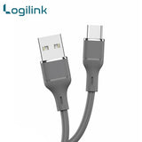 LogiLink USB to Type-C 1-meter fast charging data cable displaying its ultra-flexible silicone smooth outer jacket, standard USB 3.1 plug, and reinforced strain-relief Type-C connector tip
