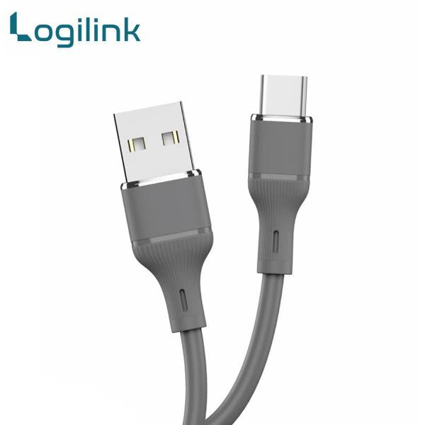 LogiLink USB to Type-C 1-meter fast charging data cable displaying its ultra-flexible silicone smooth outer jacket, standard USB 3.1 plug, and reinforced strain-relief Type-C connector tip