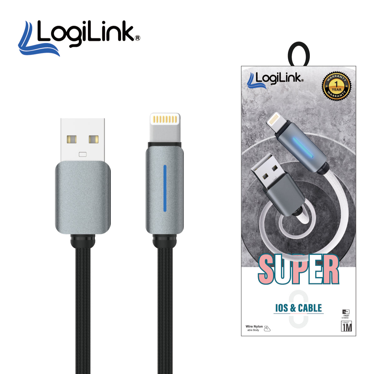 LogiLink Type-C to Type-C 1-meter fast charging data cable displaying its heavy-duty double-woven nylon braided exterior, reversible dual plugs, and reinforced strain-relief joints