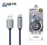 LogiLink USB to Lightning 1-meter fast charging data cable displaying its heavy-duty double-woven nylon braided exterior, standard USB 3.1 plug, and reinforced strain-relief Lightning connector tip