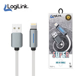 LogiLink USB to Lightning 1-meter fast charging data cable displaying its heavy-duty double-woven nylon braided exterior, standard USB 3.1 plug, and reinforced strain-relief Lightning connector tip