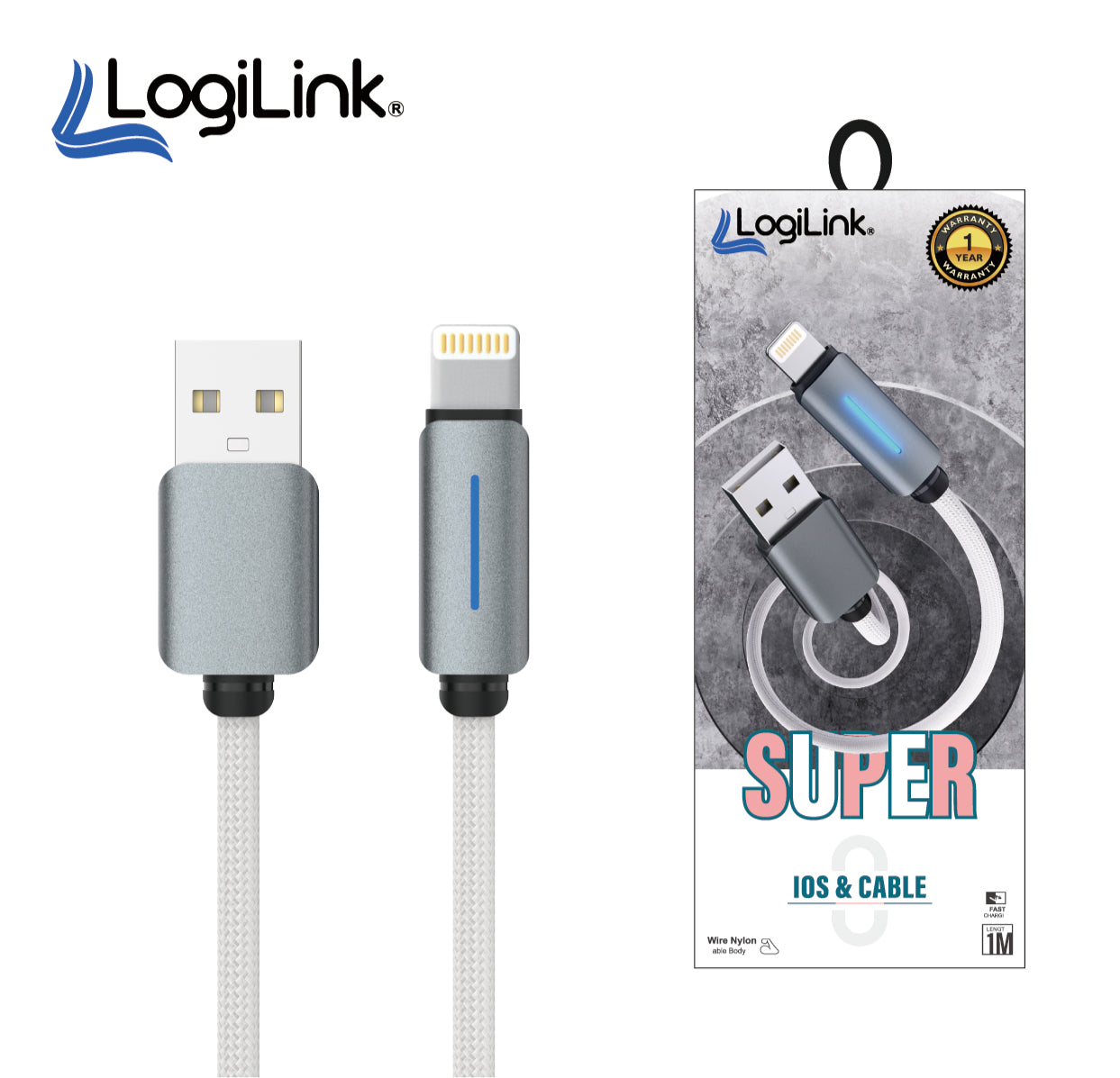 LogiLink Type-C to Type-C 1-meter fast charging data cable displaying its heavy-duty double-woven nylon braided exterior, reversible dual plugs, and reinforced strain-relief joints