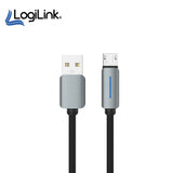 LogiLink USB to Micro USB 1-meter fast charging data cable displaying its heavy-duty double-woven nylon braided exterior, standard USB plug, and reinforced strain-relief Micro USB connector tip
