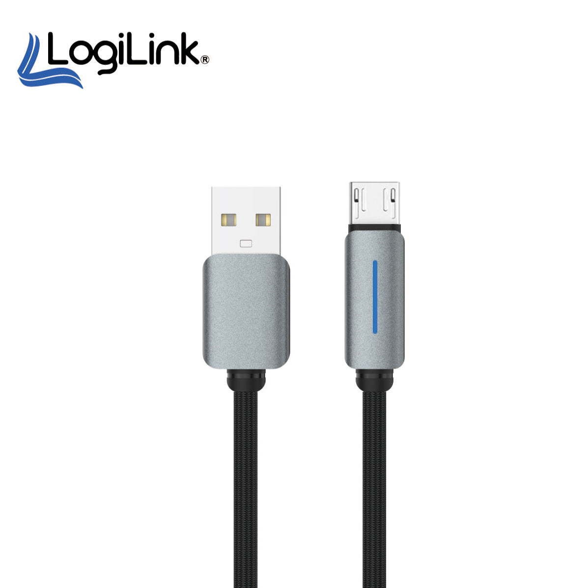 LogiLink USB to Micro USB 1-meter fast charging data cable displaying its heavy-duty double-woven nylon braided exterior, standard USB plug, and reinforced strain-relief Micro USB connector tip