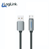 LogiLink USB to Micro USB 1-meter fast charging data cable displaying its heavy-duty double-woven nylon braided exterior, standard USB plug, and reinforced strain-relief Micro USB connector tip