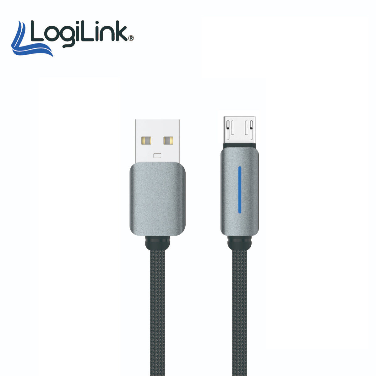 LogiLink USB to Micro USB 1-meter fast charging data cable displaying its heavy-duty double-woven nylon braided exterior, standard USB plug, and reinforced strain-relief Micro USB connector tip