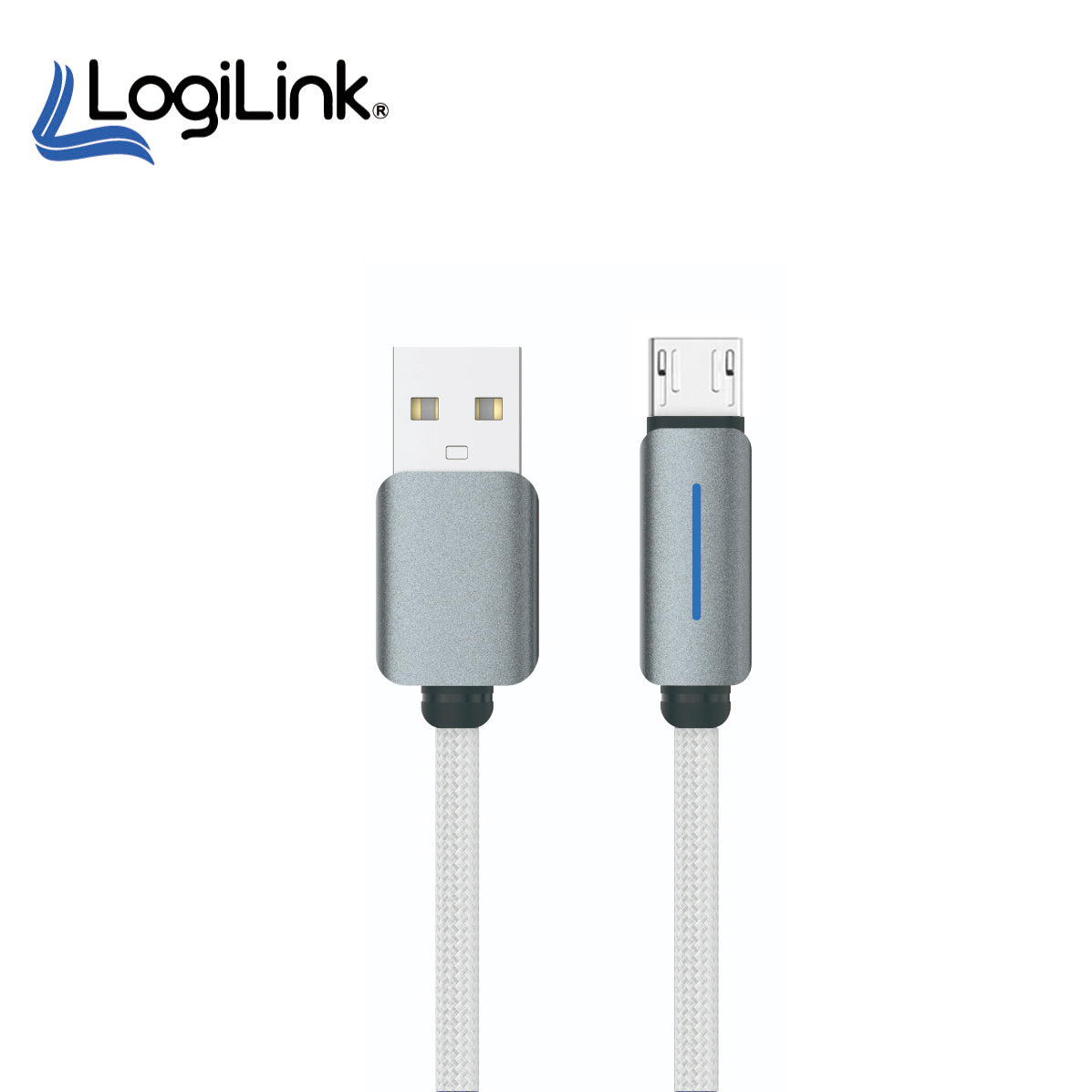LogiLink USB to Micro USB 1-meter fast charging data cable displaying its heavy-duty double-woven nylon braided exterior, standard USB plug, and reinforced strain-relief Micro USB connector tip