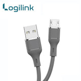 LogiLink USB to Micro USB 1-meter fast charging data cable displaying its ultra-flexible silicone smooth outer jacket, standard USB 3.1 plug, and reinforced strain-relief Micro USB connector tip