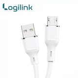 LogiLink USB to Micro USB 1-meter fast charging data cable displaying its ultra-flexible silicone smooth outer jacket, standard USB 3.1 plug, and reinforced strain-relief Micro USB connector tip