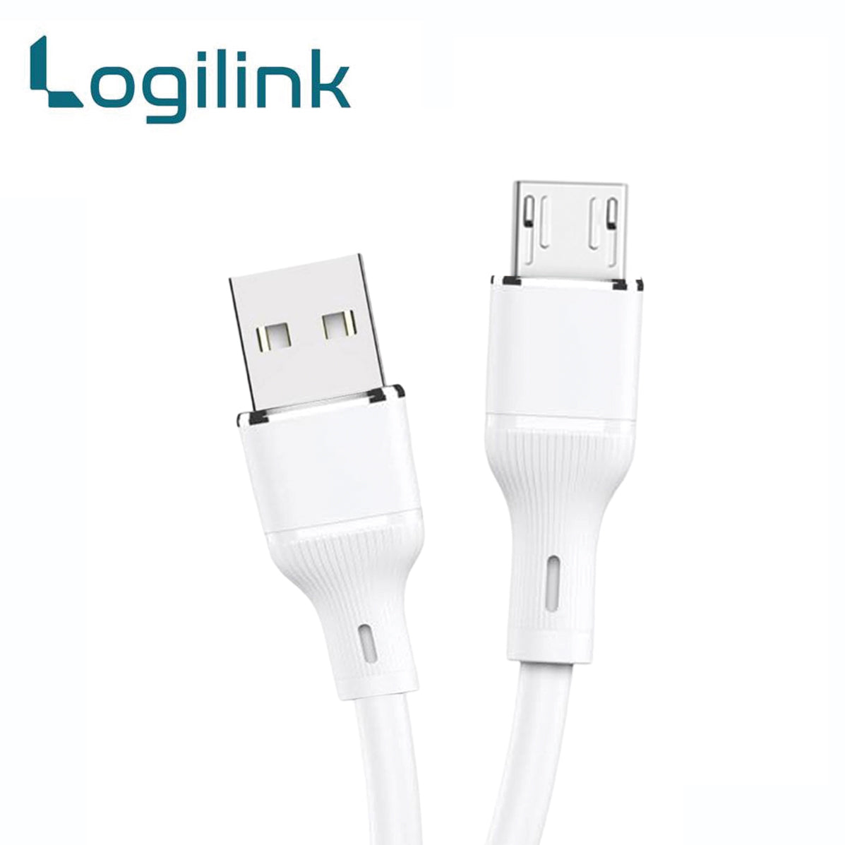 LogiLink USB to Micro USB 1-meter fast charging data cable displaying its ultra-flexible silicone smooth outer jacket, standard USB 3.1 plug, and reinforced strain-relief Micro USB connector tip