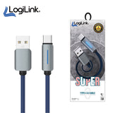 LogiLink USB to Type-C 1-meter fast charging data cable displaying its heavy-duty double-woven nylon braided exterior, standard USB 3.1 plug, and reinforced strain-relief Type-C connector tip