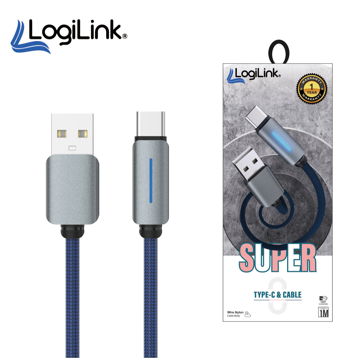 LogiLink USB to Type-C 1-meter fast charging data cable displaying its heavy-duty double-woven nylon braided exterior, standard USB 3.1 plug, and reinforced strain-relief Type-C connector tip