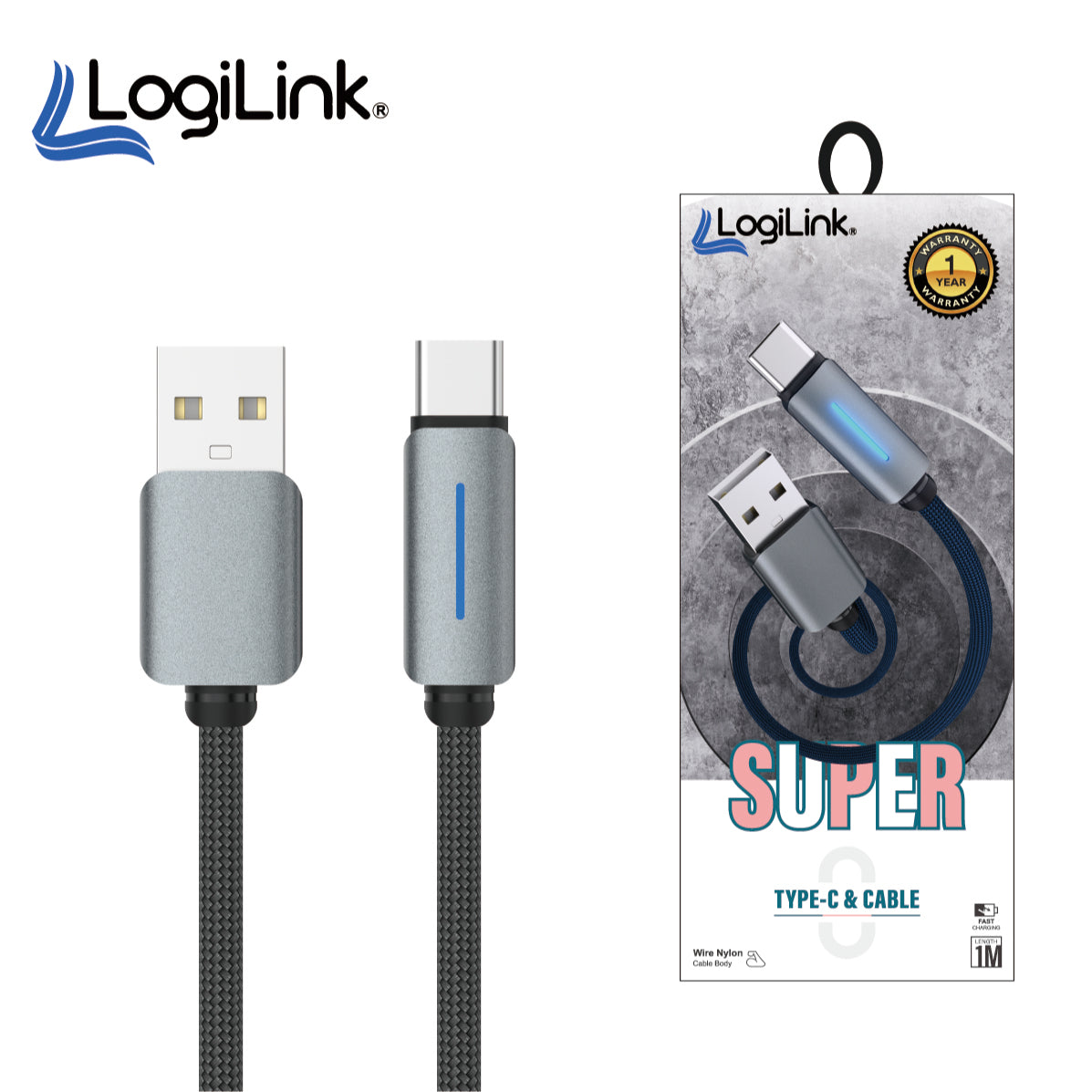 LogiLink USB to Lightning 1-meter fast charging data cable displaying its heavy-duty double-woven nylon braided exterior, standard USB 3.1 plug, and reinforced strain-relief Lightning connector tip