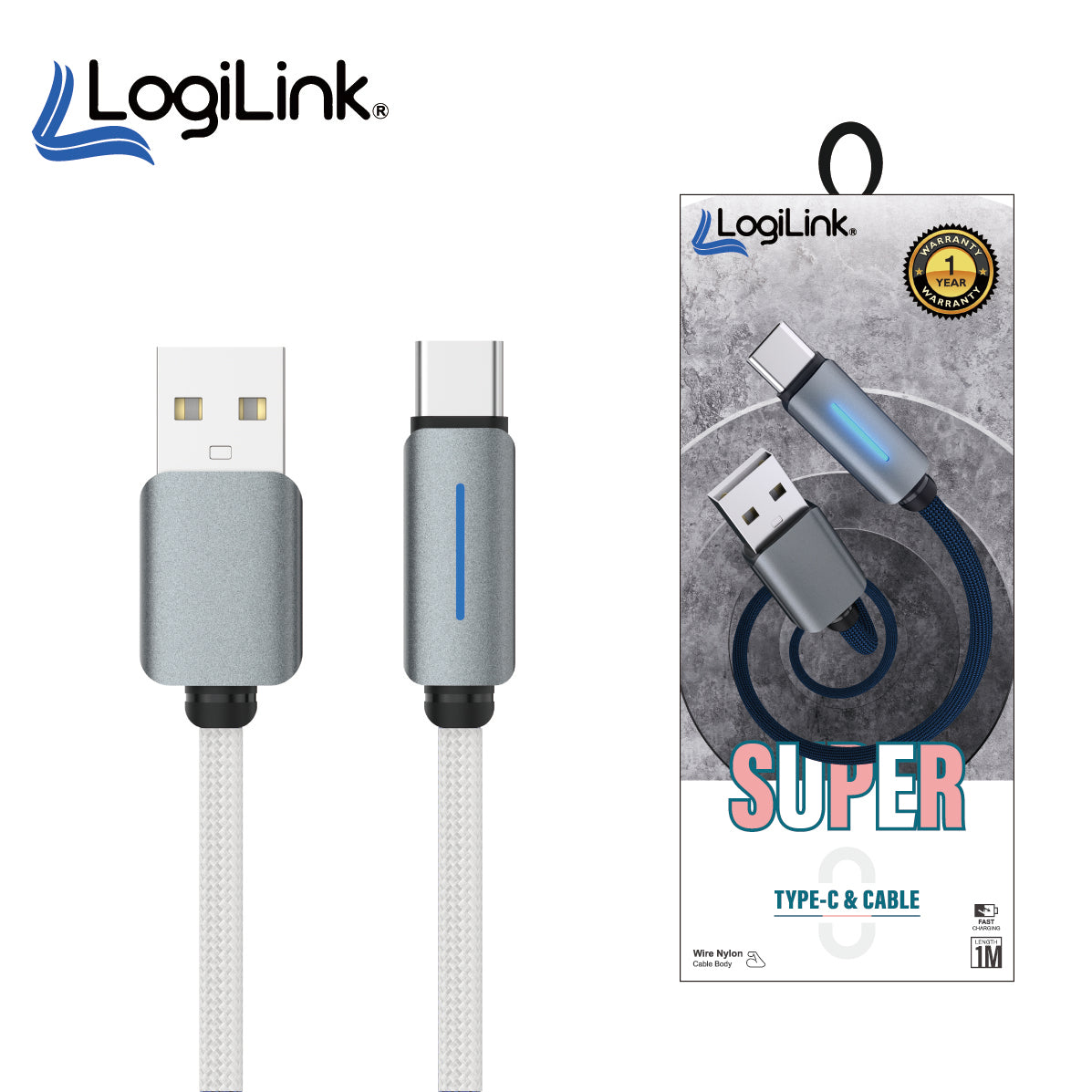 LogiLink USB to Type-C 1-meter fast charging data cable displaying its heavy-duty double-woven nylon braided exterior, standard USB 3.1 plug, and reinforced strain-relief Type-C connector tip