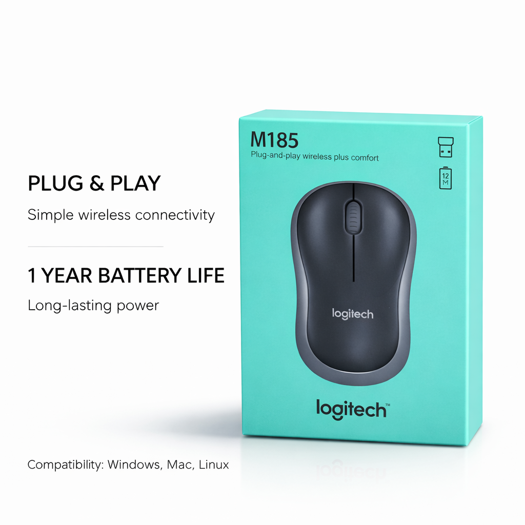 Logitech M185 2.4GHz wireless optical mouse with USB nano receiver, featuring an ambidextrous design for comfortable professional use
