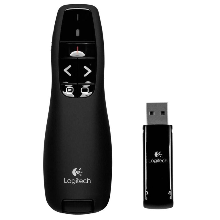 Logitech R400 Wireless Presenter with red laser pointer and intuitive slide controls