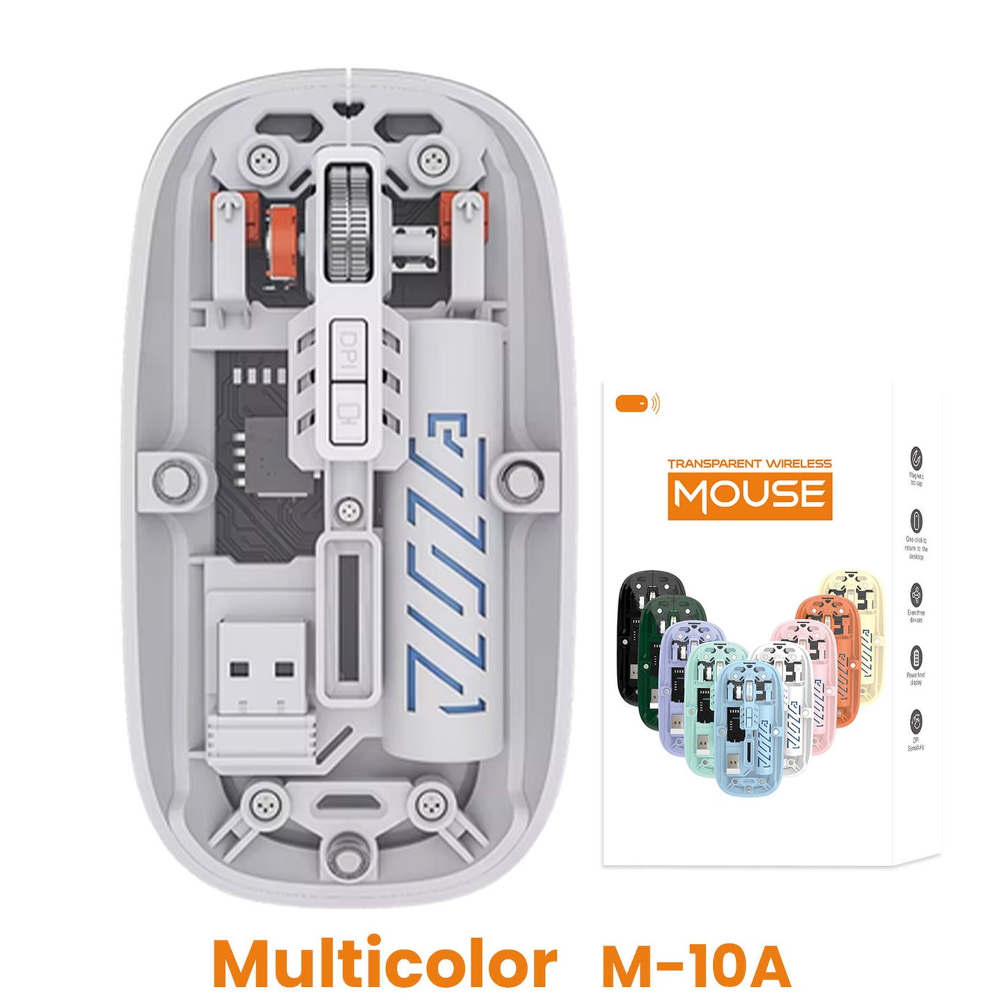 M-10A transparent dual-mode wireless mouse with Bluetooth, 2.4GHz connectivity, 2400 DPI, and rechargeable battery for professional use