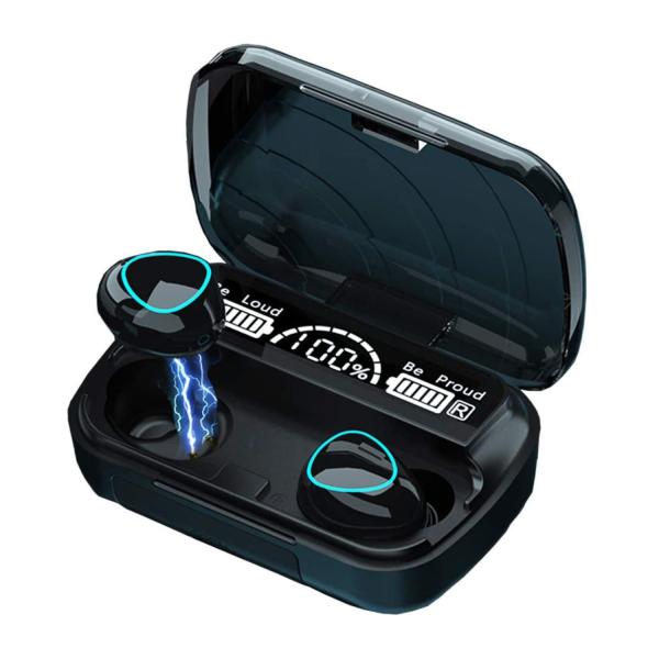 M10 wireless earbuds with 2000mAh charging case, emergency power bank function, and LED battery display