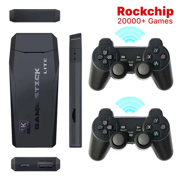 M8 4K wireless game stick featuring Rockchip RK3032 IC, 20,000 games including Tekken 3, and dual wireless controllers