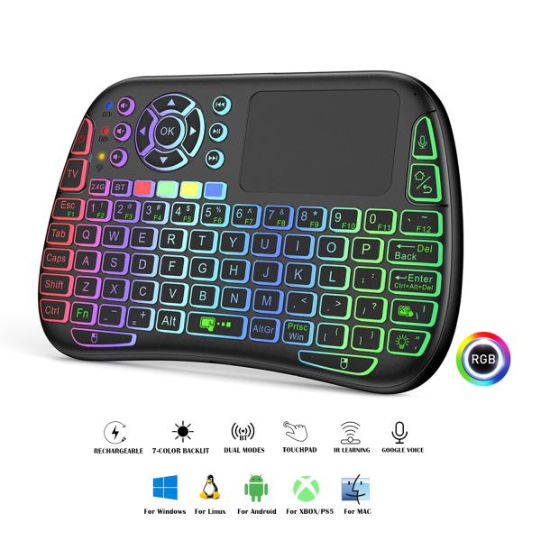 M9 mini wireless keyboard and air mouse remote controller displaying its 84-key alphanumeric keys, 7-color glowing backlighting layout, upper touchpad matrix, and USB charging wire
