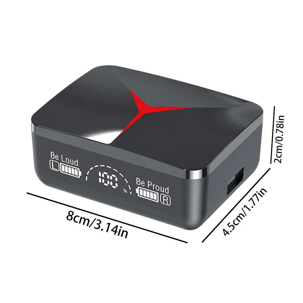 M90 Pro TWS wireless earbuds with sliding charging compartment, LED power display, and 1200mAh battery