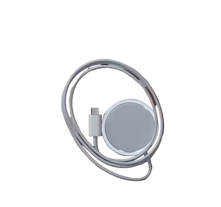 MagSafe wireless mobile charger pad highlighting its slim circular induction surface, integrated high-conductivity Type-C connection cord, and strong auto-aligning magnetic ring geometry