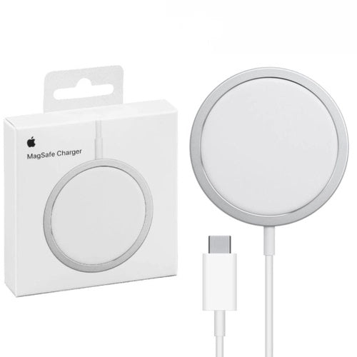 MagSafe wireless mobile charger pad highlighting its slim circular induction surface, integrated high-conductivity Type-C connection cord, and strong auto-aligning magnetic ring geometry