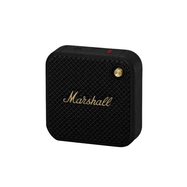 Marshall Willen portable Bluetooth speaker with IP67 rating, 15 hours battery, and iconic black and brass design