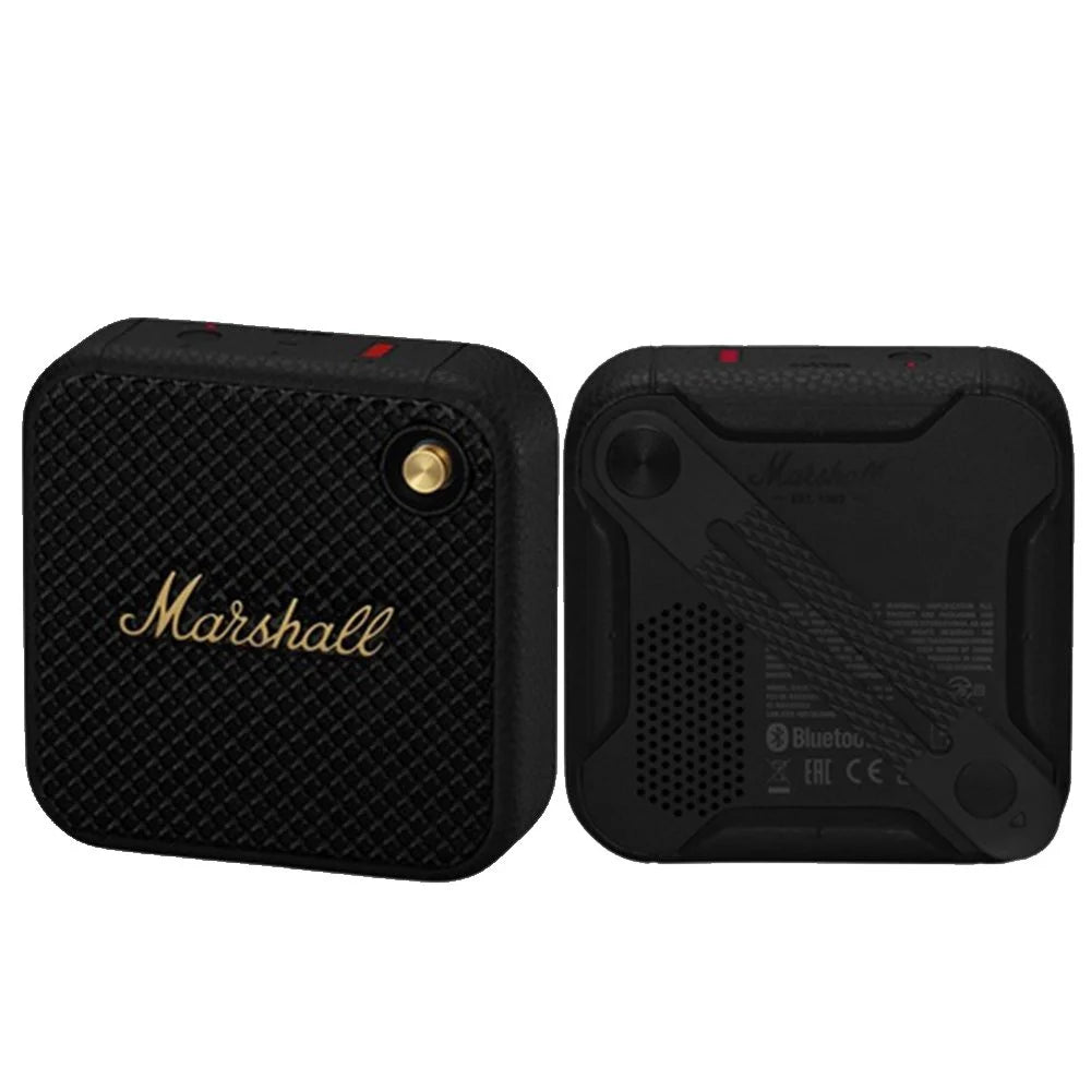 Marshall Willen portable Bluetooth speaker with IP67 rating, 15 hours battery, and iconic black and brass design