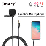 Jmary MC-R1 professional 3.5mm lavalier microphone featuring an omni-directional condenser core, 2-meter TPE noise shielded cable, and lapel clip