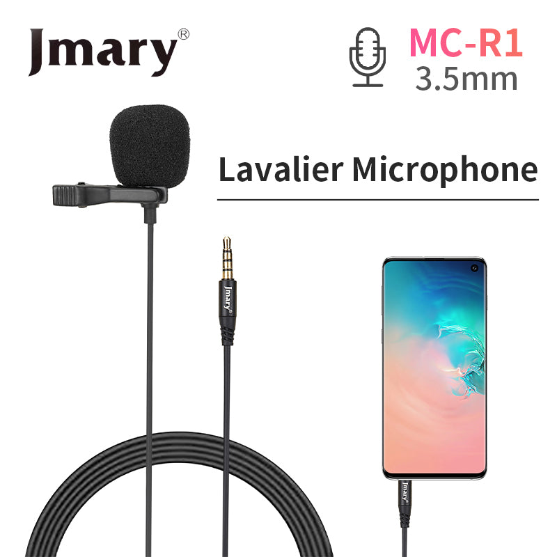 Jmary MC-R1 professional 3.5mm lavalier microphone featuring an omni-directional condenser core, 2-meter TPE noise shielded cable, and lapel clip