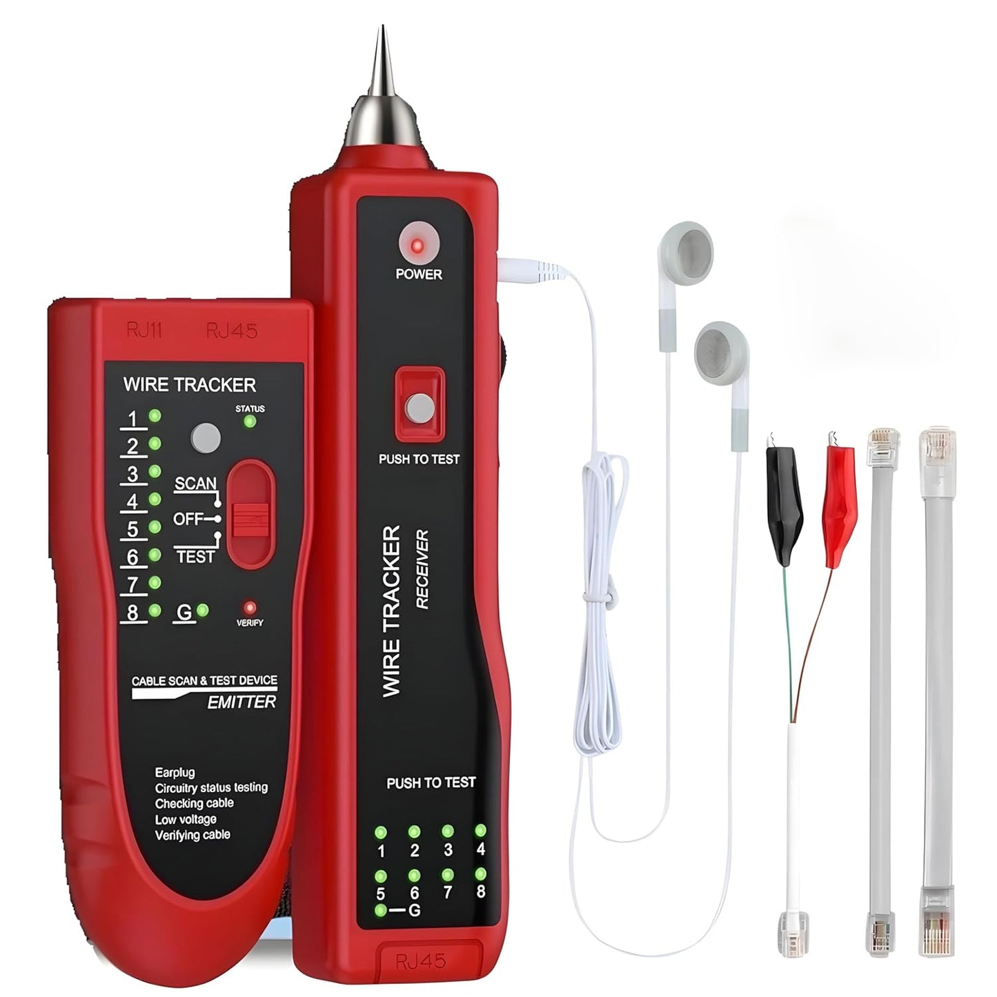 MJ-868 professional network LAN phone wire tracker and cable tester featuring emitter, receiver, earphones, and adapter kit