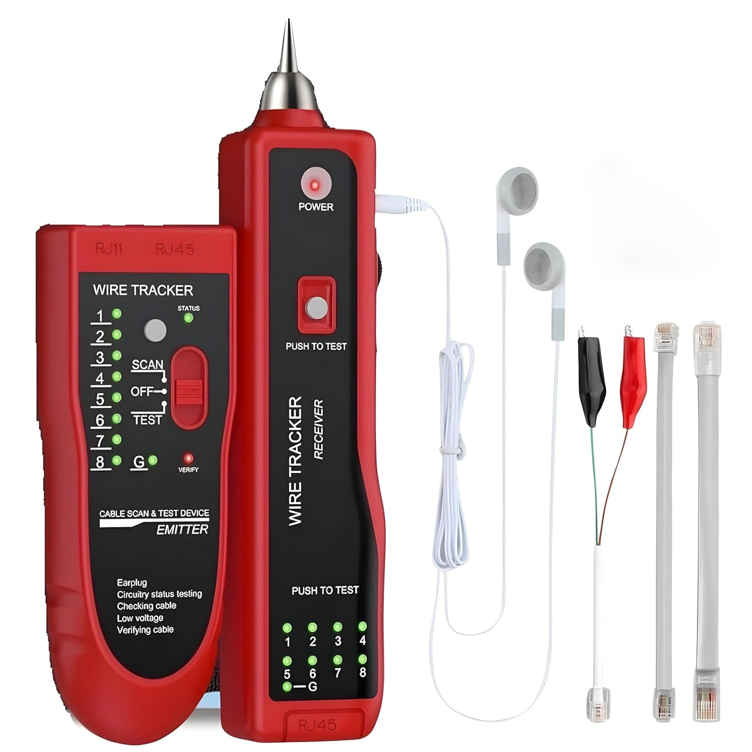 MJ-868 professional network LAN phone wire tracker and cable tester featuring emitter, receiver, earphones, and adapter kit