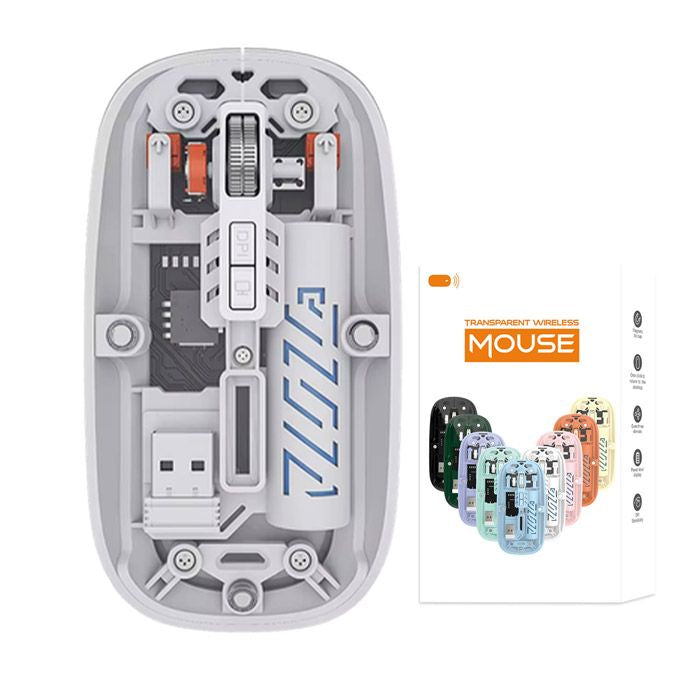 M-10A transparent dual-mode wireless mouse with Bluetooth, 2.4GHz connectivity, 2400 DPI, and rechargeable battery for professional use