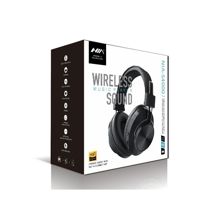 NIA S4000 wireless Bluetooth headset with 40mm HD drivers, TF card slot, FM radio, and App control