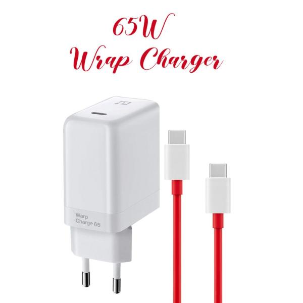 Original OnePlus 65W Warp Charge power adapter showing its sleek US pin design, single high-output Type-C port layout, and included heavy-duty Type-C to Type-C connecting cable