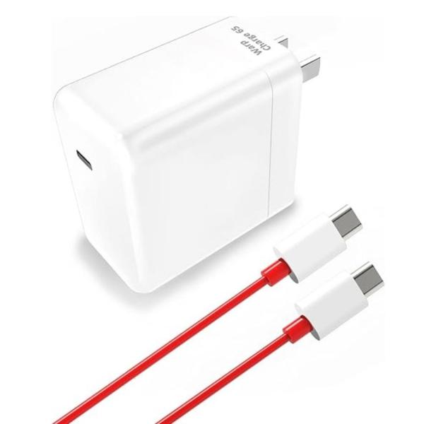 Original OnePlus 65W Warp Charge power adapter showing its sleek US pin design, single high-output Type-C port layout, and included heavy-duty Type-C to Type-C connecting cable
