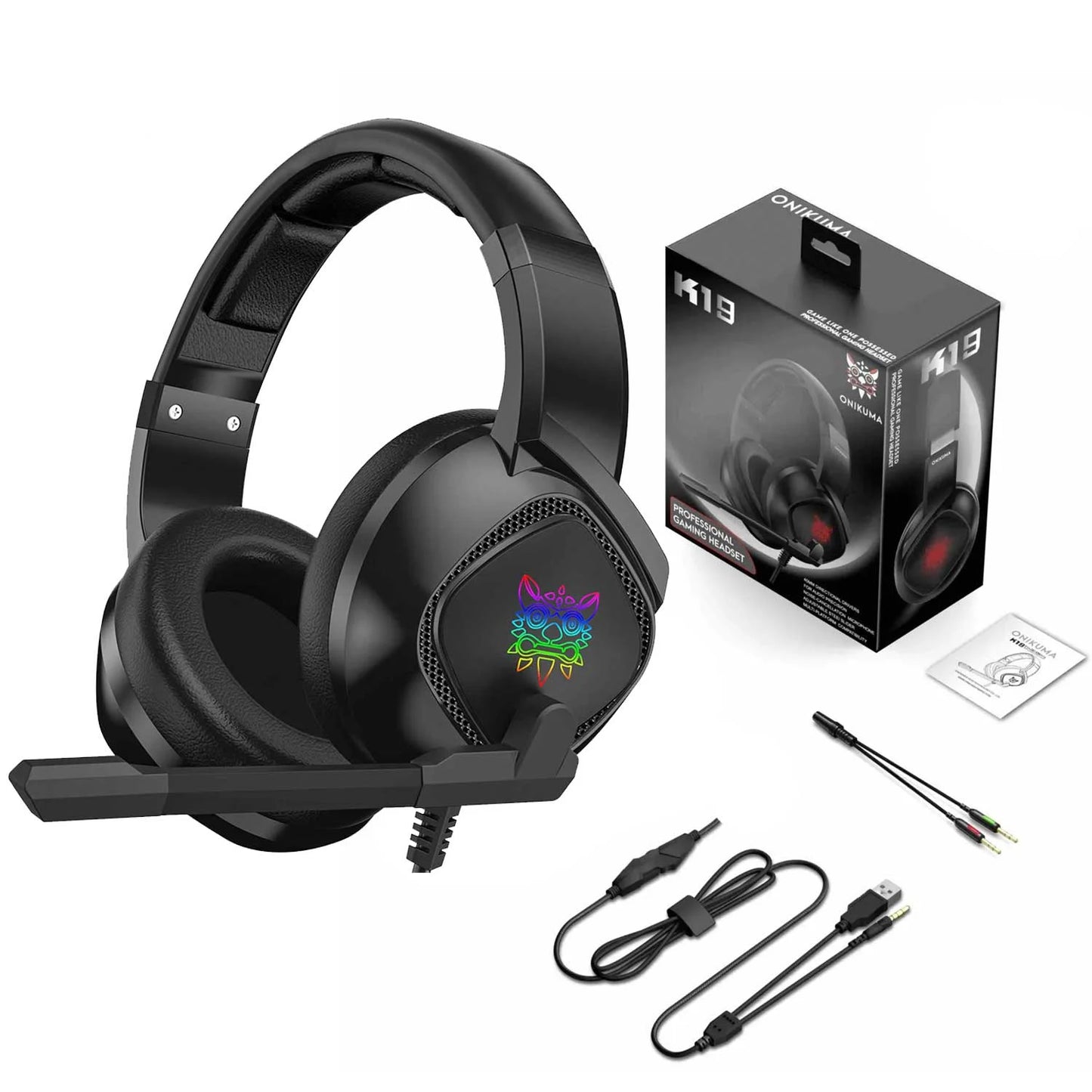 Onikuma K19 black wired gaming headset with RGB LED lights and noise-canceling microphone for PS4, Xbox, and PC