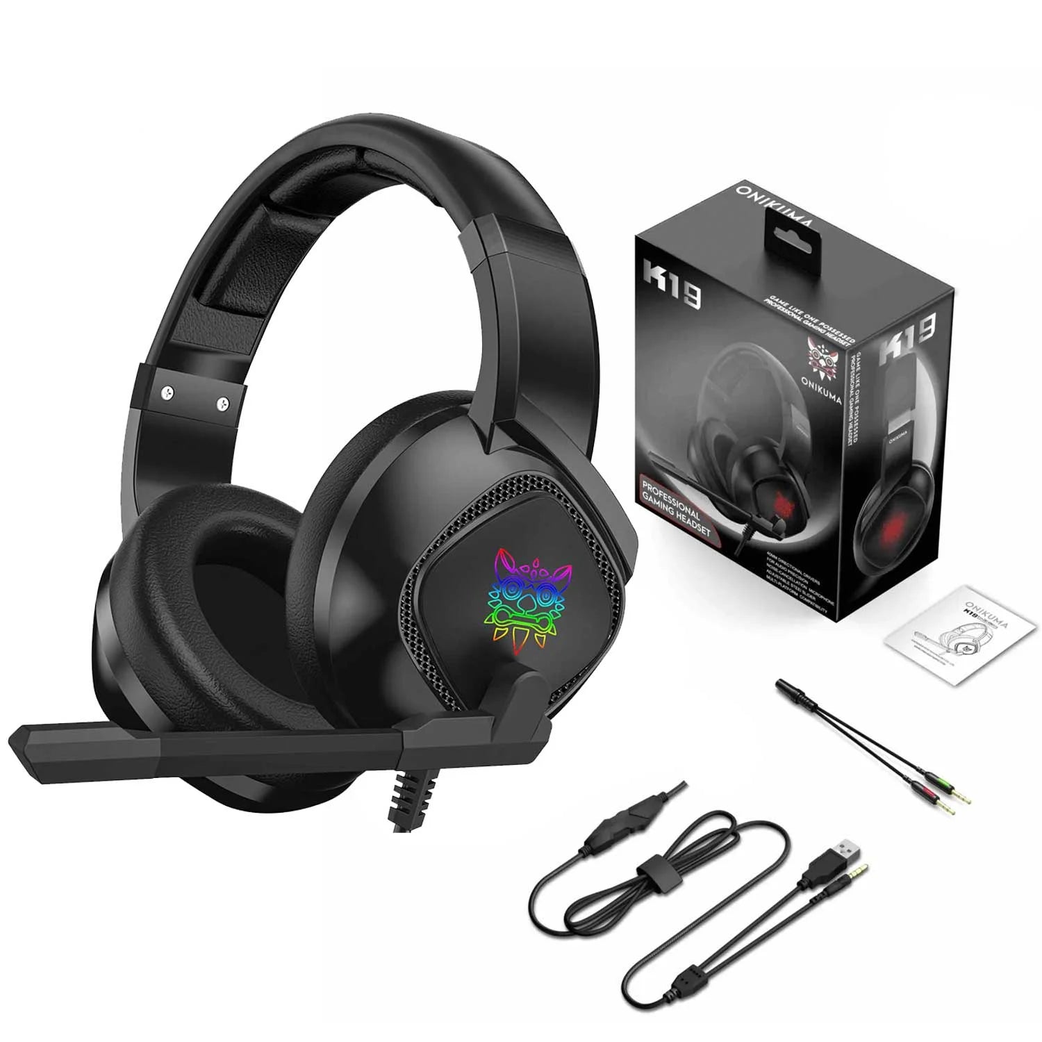 Onikuma K19 black wired gaming headset with RGB LED lights and noise-canceling microphone for PS4, Xbox, and PC