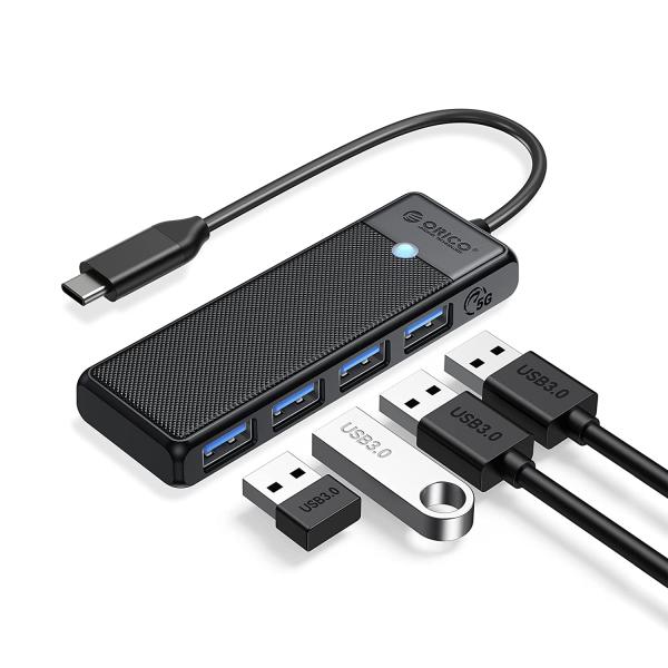 ORICO 4-Port USB 3.0 Hub (PAPW4A-U3-015-BK-EP) in black, featuring 5Gbps data transfer and slim portable design for laptops and PCs