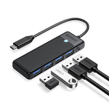 ORICO 4-Port USB 3.0 Hub (PAPW4A-U3-015-BK-EP) in black, featuring 5Gbps data transfer and slim portable design for laptops and PCs