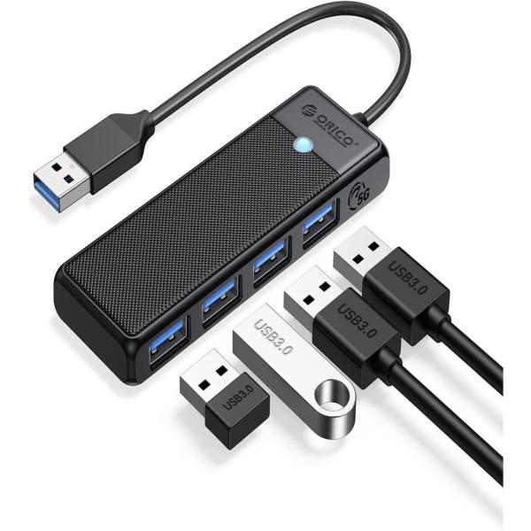 ORICO 4-Port USB 3.0 Hub (PAPW4A-U3-015-BK-EP) in black, featuring 5Gbps data transfer and slim portable design for laptops and PCs